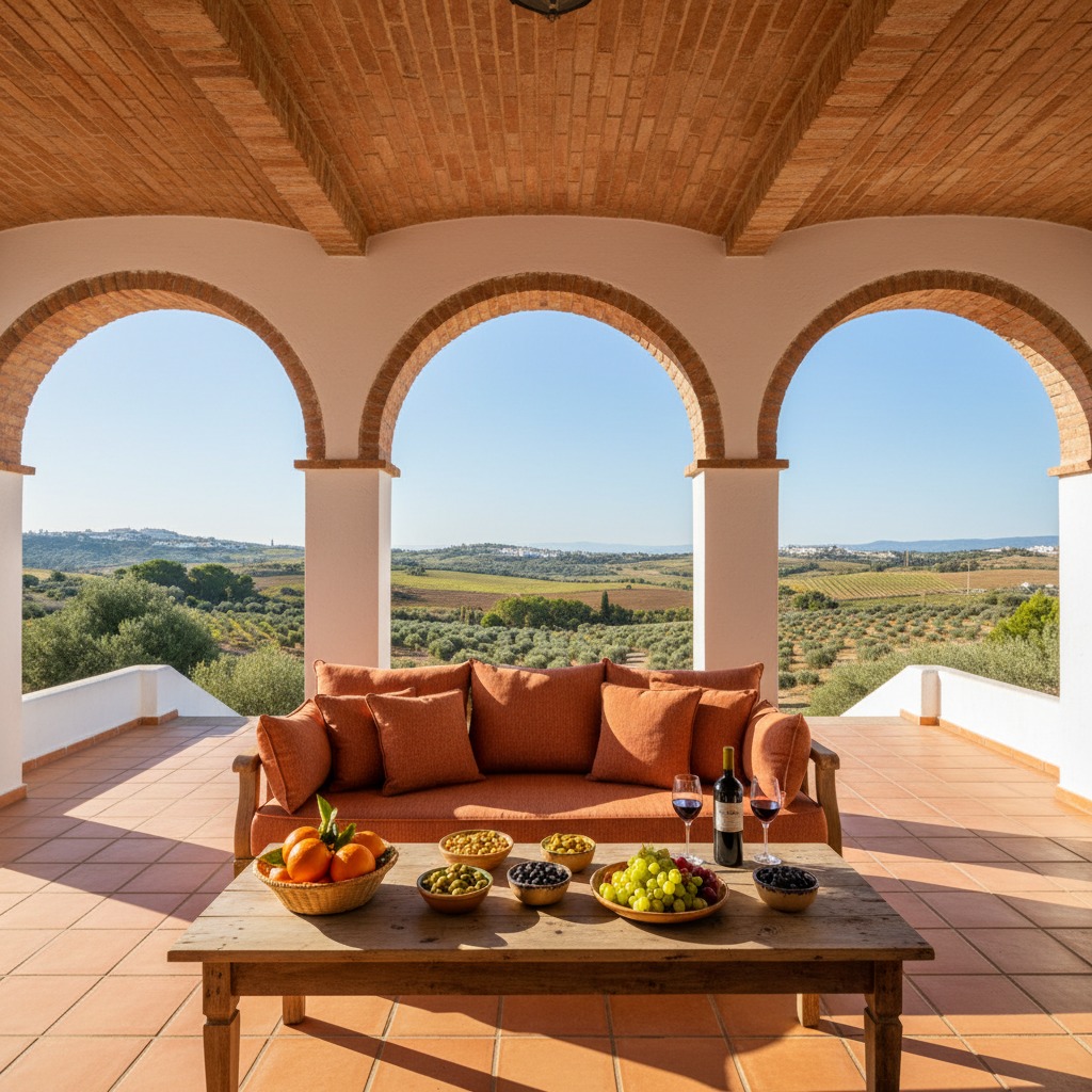 Een oranje bank staat op een terras met bogen en uitzicht op een heuvelachtig landschap, met een houten tafel vol fruit en wijn op de voorgrond.